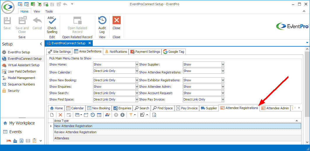 Screenshot of Attendee Registrations tab under EPConnect Setup Area Definitions. 