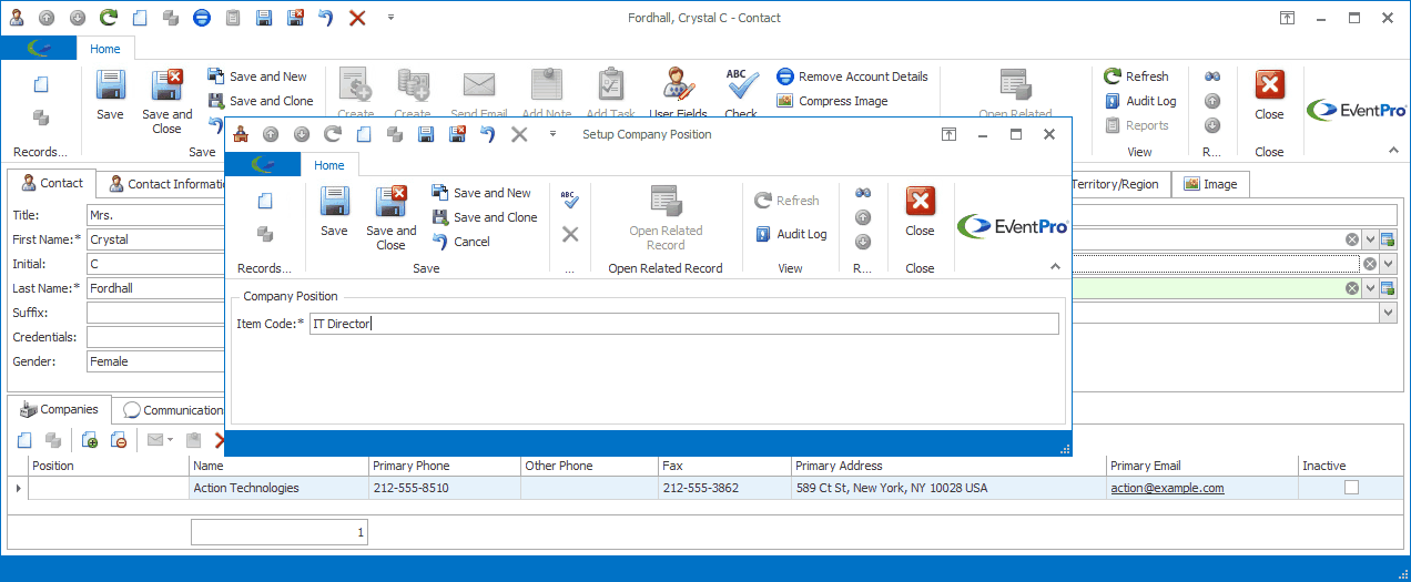 Screenshot of the Setup Company Position edit form started on the fly within the Contact record. 