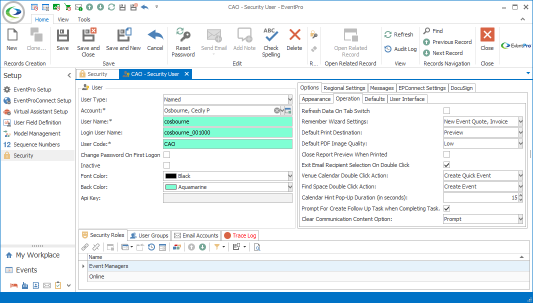 Screenshot of Operation sub tab under Security User edit form Options tab. 