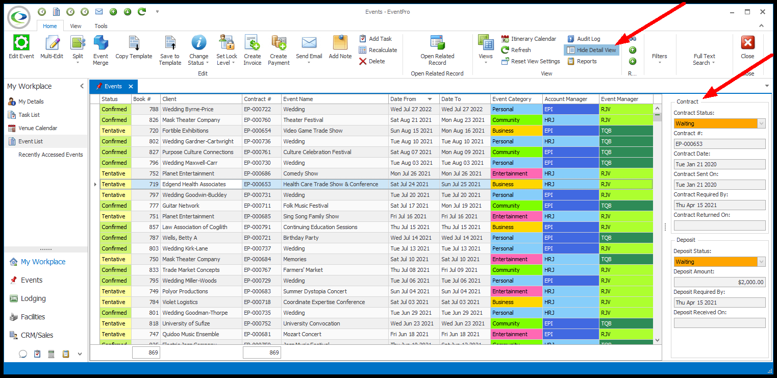 Screenshot of Event List with Detail View visible, and Hide Detail View on toggle button