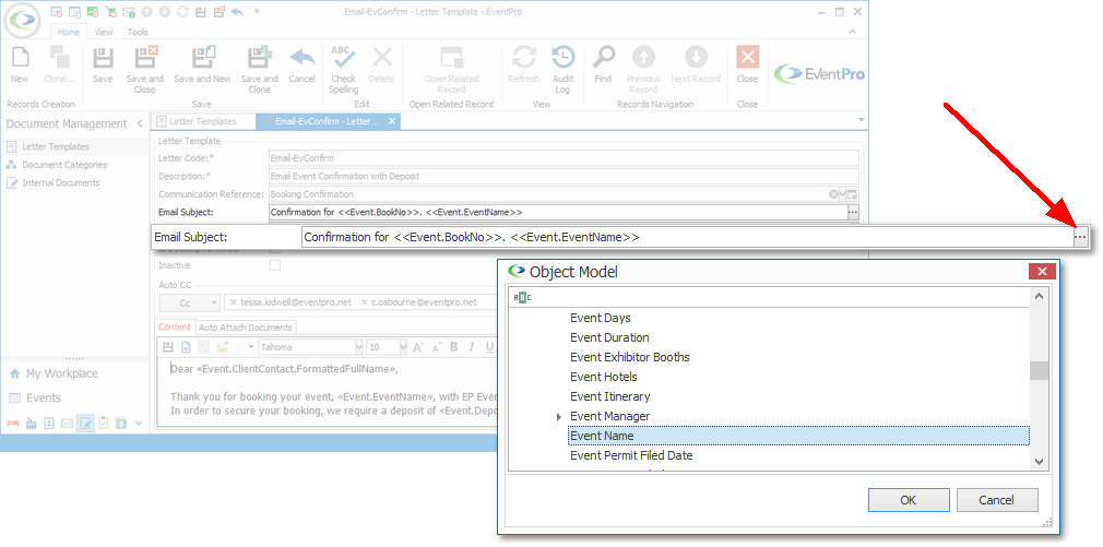 Screenshot of Letter Template edit form, focused on Subject displaying selected merge fields. 