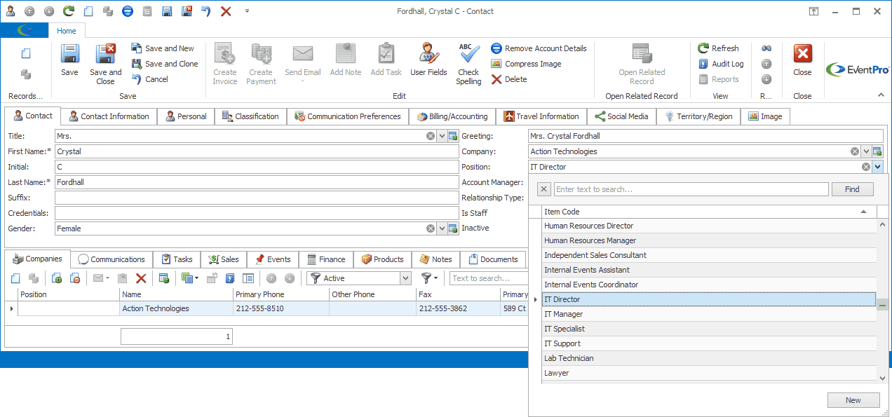 Screenshot of Contact edit form with Position drop-down list opened to new record just created.