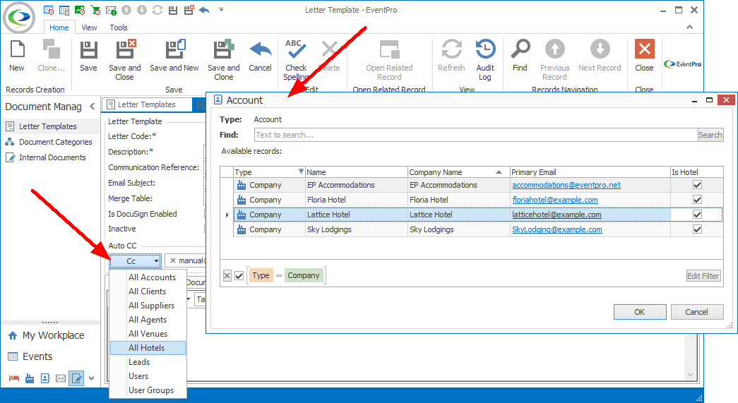 Screenshot of Letter Template edit form with Auto Cc option list displayed and Account selection window opened. 