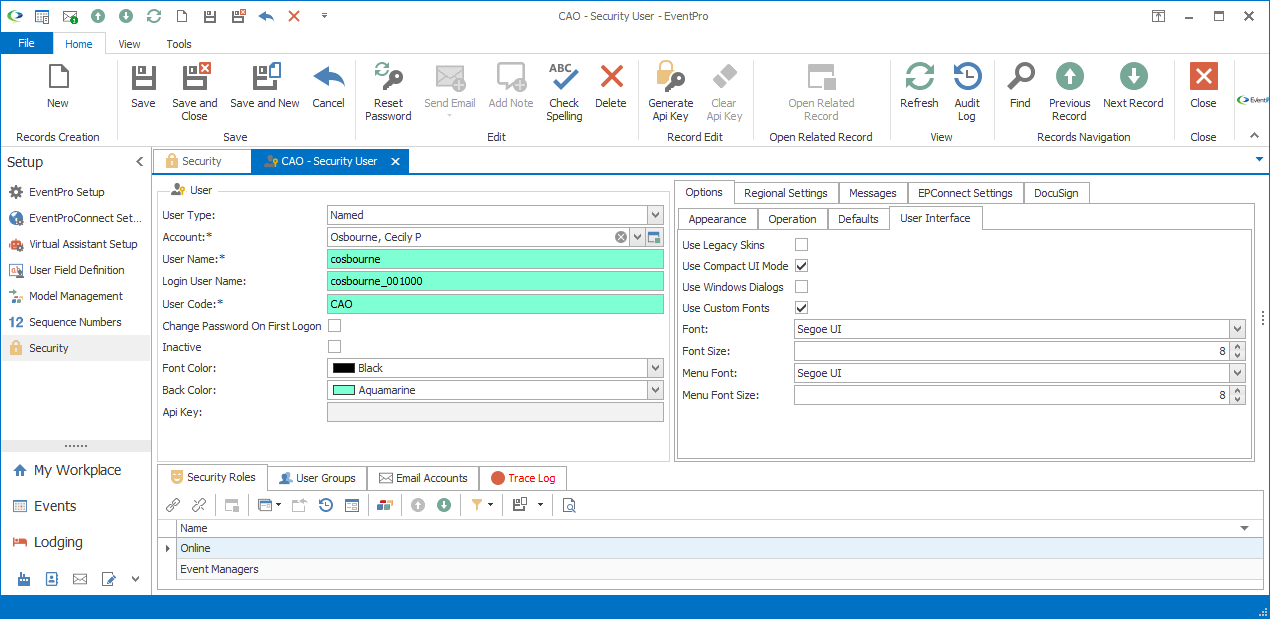 Screenshot of User Interface sub tab under Security User edit form Options tab. 