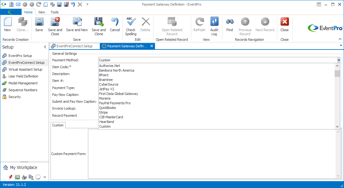 Payment Gateway Definition edit form showing Payment Method drop-down list with new options