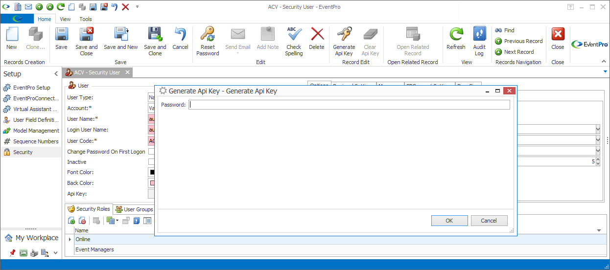 Screenshot of Password dialog when generating user's API key