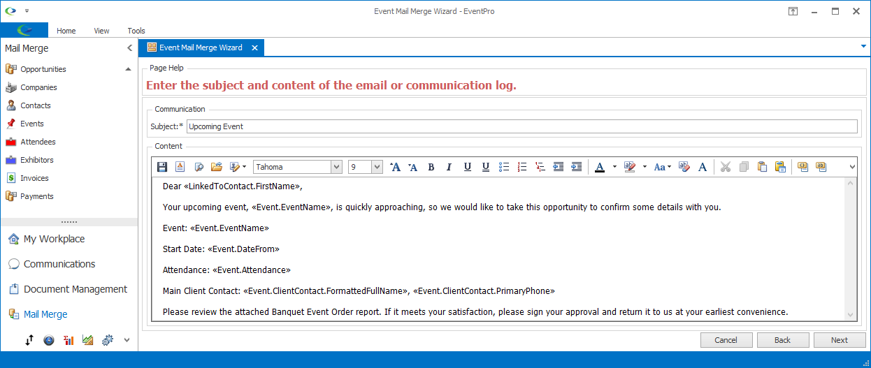 Screenshot of Mail Merge Wizard communication page with letter template loaded in Content area. 