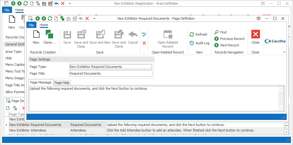 Screenshot of Required Documents Page Definition from Exhibitor New Registration Area Definition. 