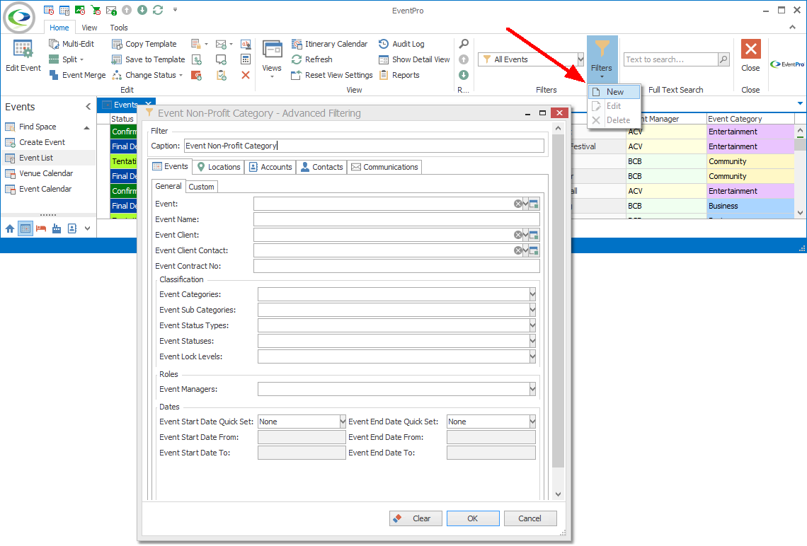 Screenshot of Advanced Filtering window opened from Events List grid filter. 