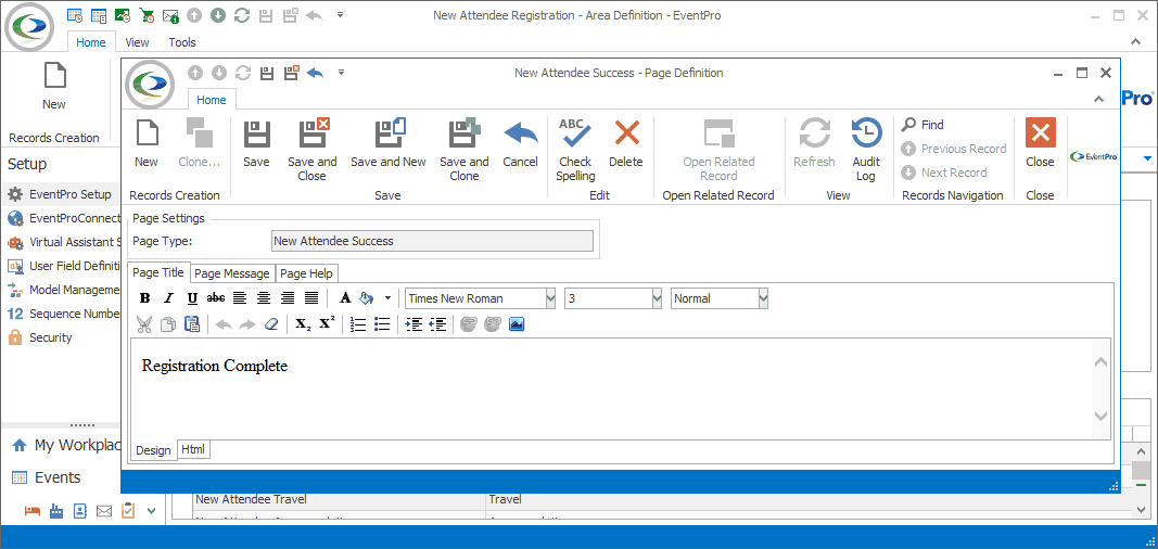 Screenshot of New Attendee Success Page Definition opened from New Attendee Registration Area Definition. 