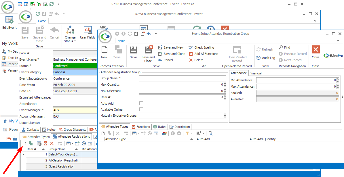 Screenshot of Event Setup Attendee Registration Group edit form, opened from Edit Event window. 