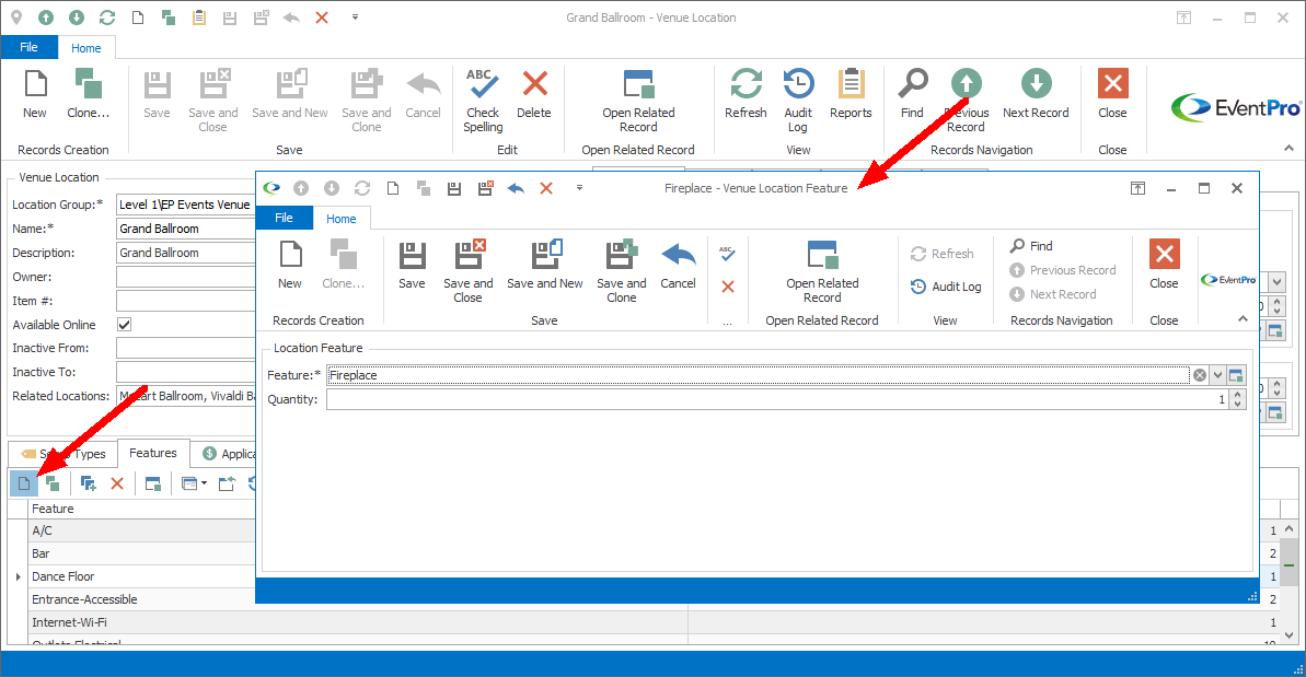 Screenshot of Venue Location Feature edit form opened from Venue Location. 