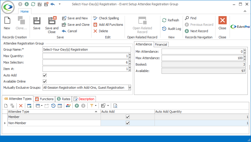 Screenshot of Event Setup Attendee Registration Group edit form. 