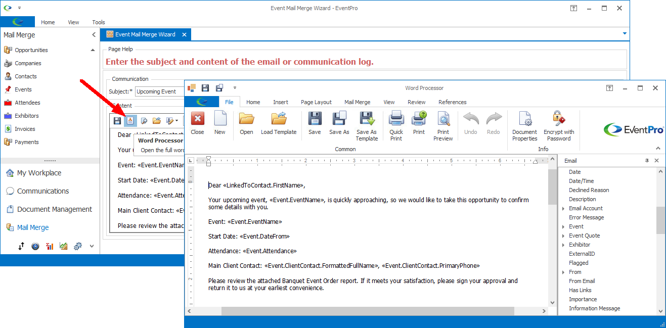 Screenshot of Word Processor opened from Mail Merge Wizard content page. 