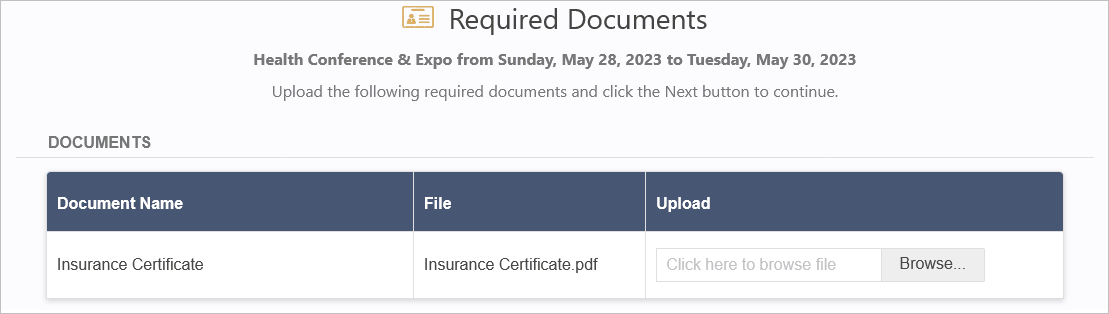 Sample Exhibitor Required Documents page viewed in browser. 