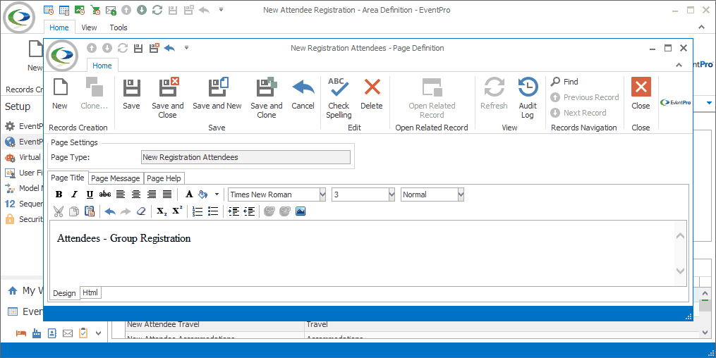Screenshot of New Registration Attendees Page Definition opened from New Attendee Registration Area Definition. 