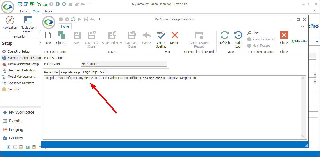 Screenshot of Page Definition edit form, pointing to Page Help tab. 