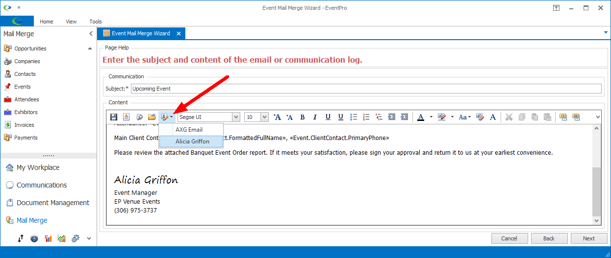 Screenshot of Mail Merge Wizard content page, pointing to Add Signature command. 