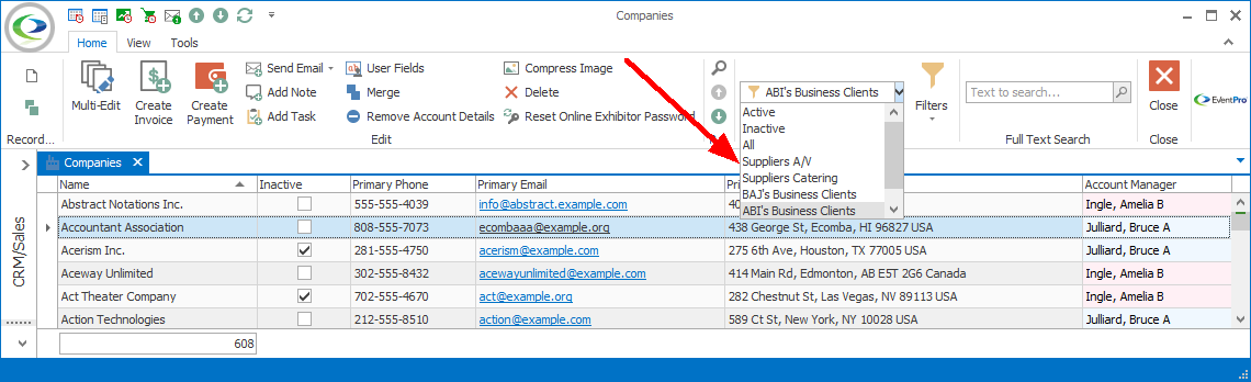 Screenshot of Grid Filter drop-down list displaying custom saved Filters. 