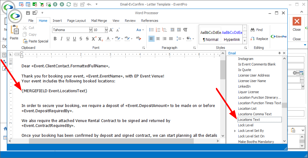 Figure 344: Inserting Locations Text Merge Field 