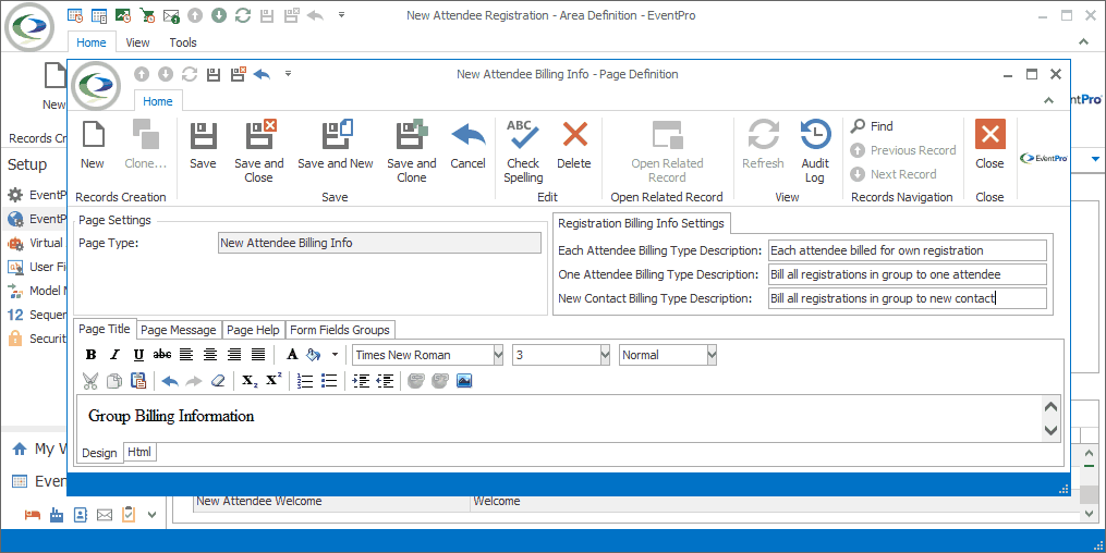 Screenshot of New Attendee Billing Info Page Definition opened from New Attendee Registration Area Definition. 