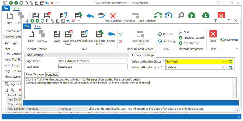 Screenshot of Attendees Page Definition opened from Exhibitor New Registration Area Definition. 