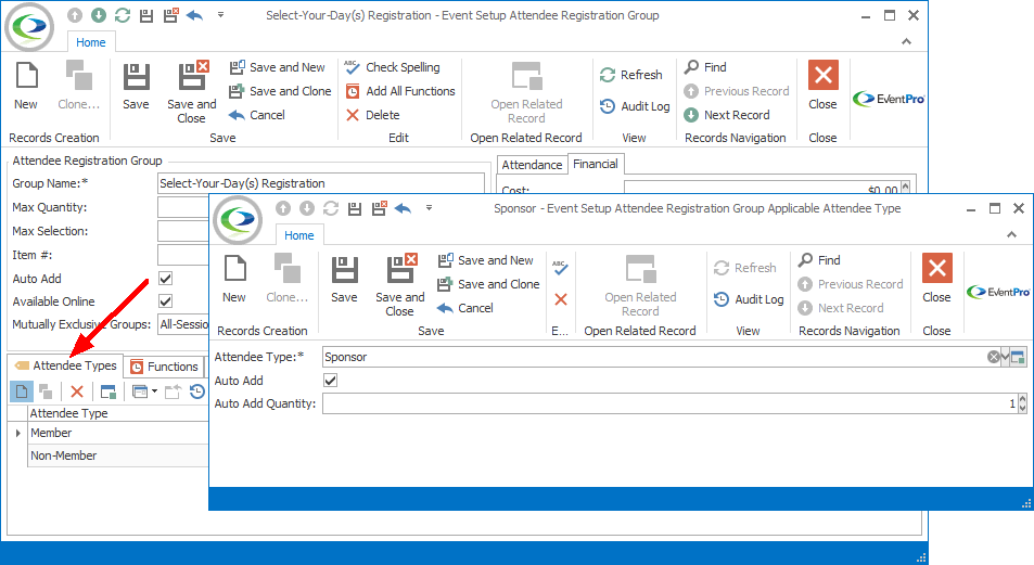 Screenshot of Event Setup Attendee Registration Group Applicable Attendee Type edit form. 