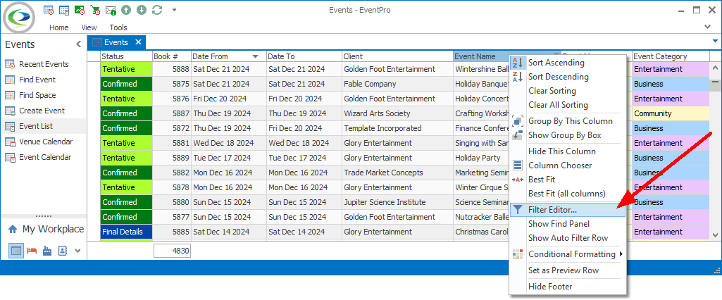 Screenshot of Event List selection grid, invoking Filter Editor with right-click speed menu from column header. 