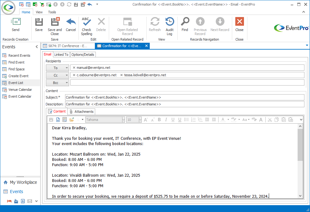 Figure 345: Sample Email with Locations Text 