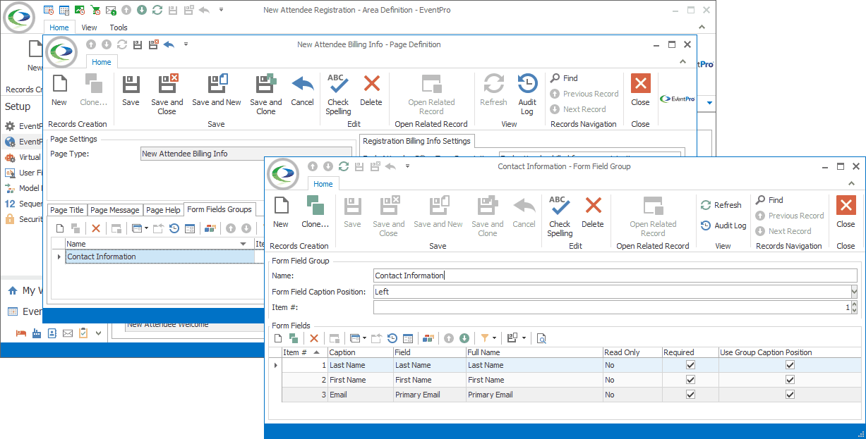 Screenshot of Contact Information Form Field Group edit form, opened from New Attendee Billing Info page definition. 
