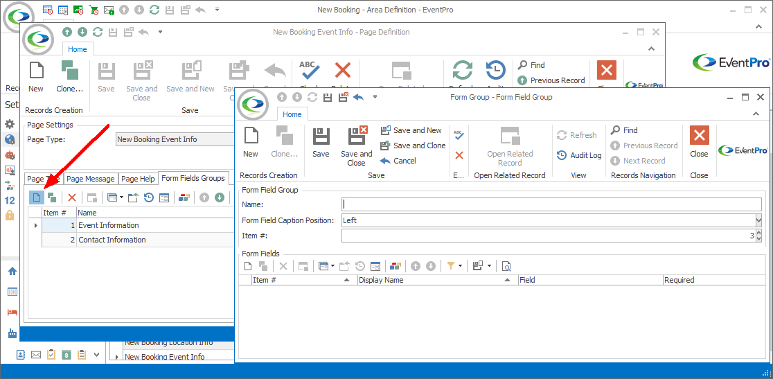 Screenshot of Form Field Group edit form started from Page Definition edit form. 