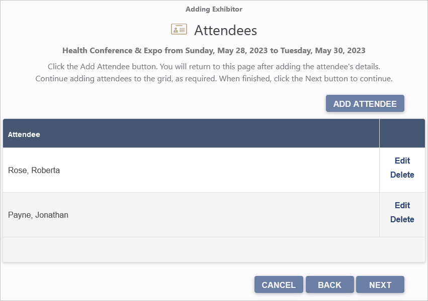Sample Exhibitor Attendees page viewed in browser. 
