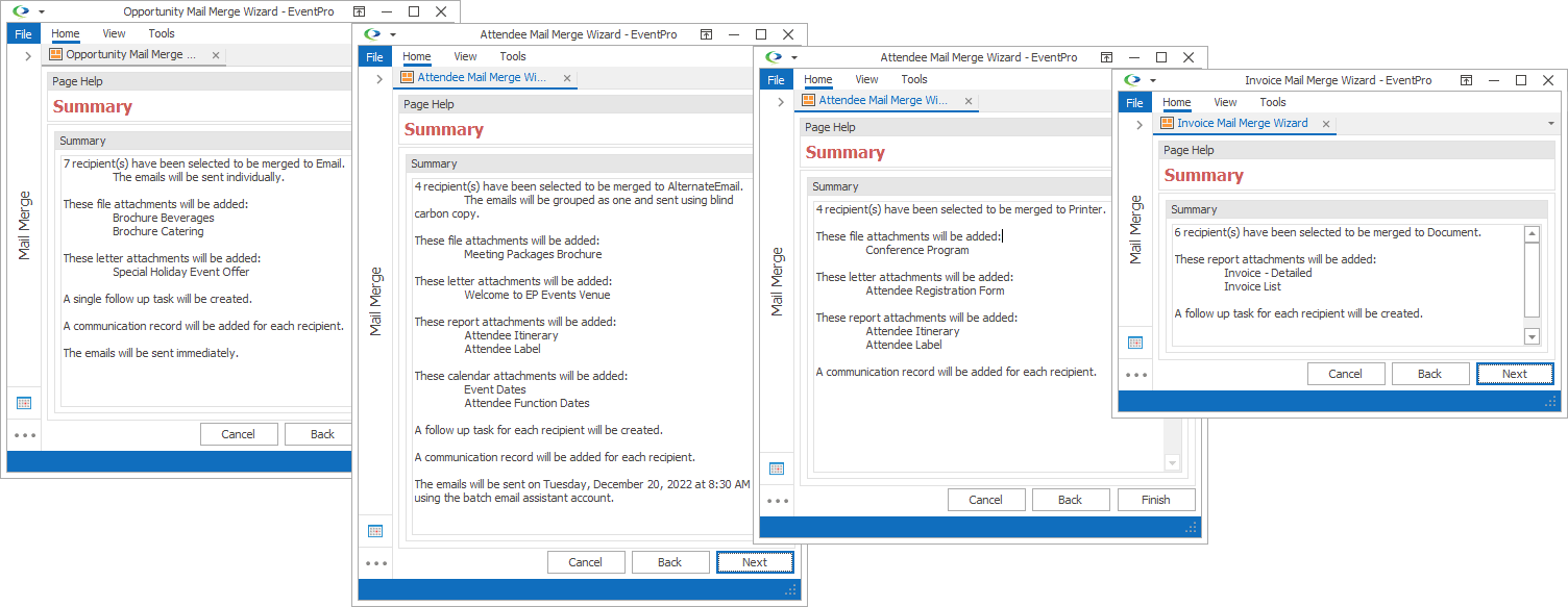 Screenshot of four mail merge summary examples, displaying different options. 