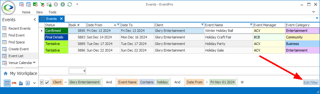 Screenshot of Event List selection grid, invoking Filter Editor with Edit Filter button from Filter Panel. 