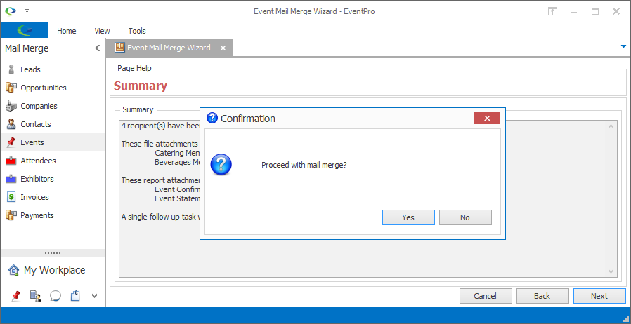 Screenshot of confirmation dialog to proceed with mail merge. 