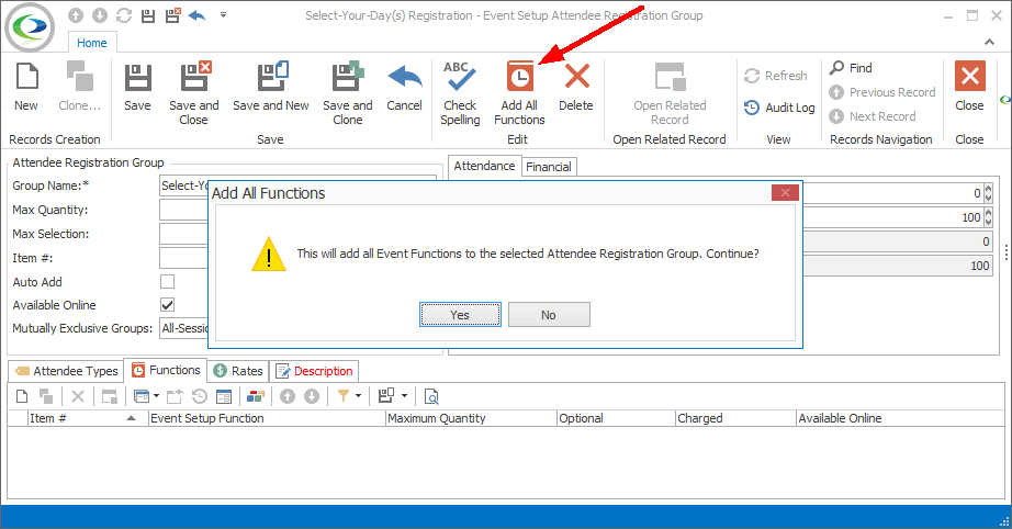 Screenshot of Add All Functions dialog over Event Setup Attendee Registration Group edit form. 