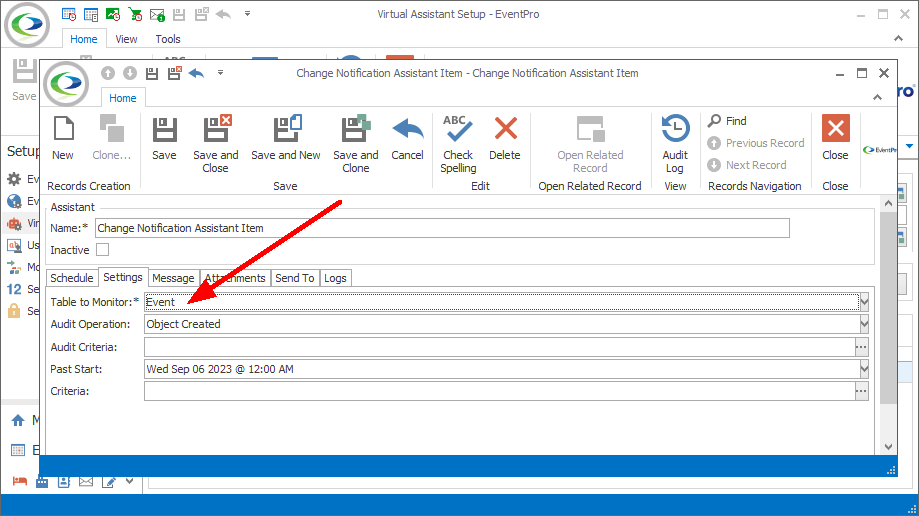 Figure 339: Selecting Table to Monitor for Change Notification 