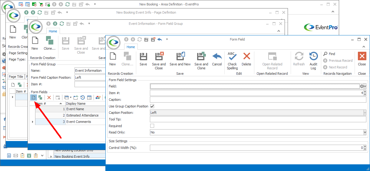 Screenshot of Form Field edit form started with New button in Form Field Group edit form. 
