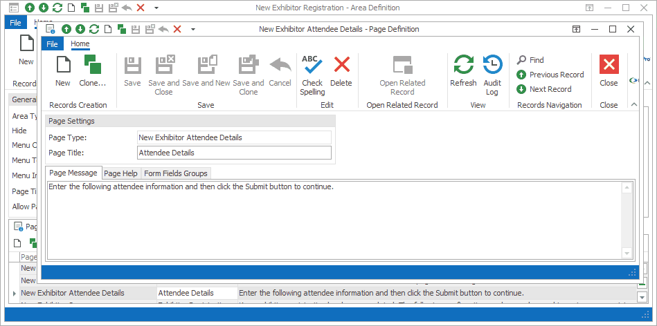 Screenshot of Attendee Details Page Definition opened from Exhibitor New Registration Area Definition. 