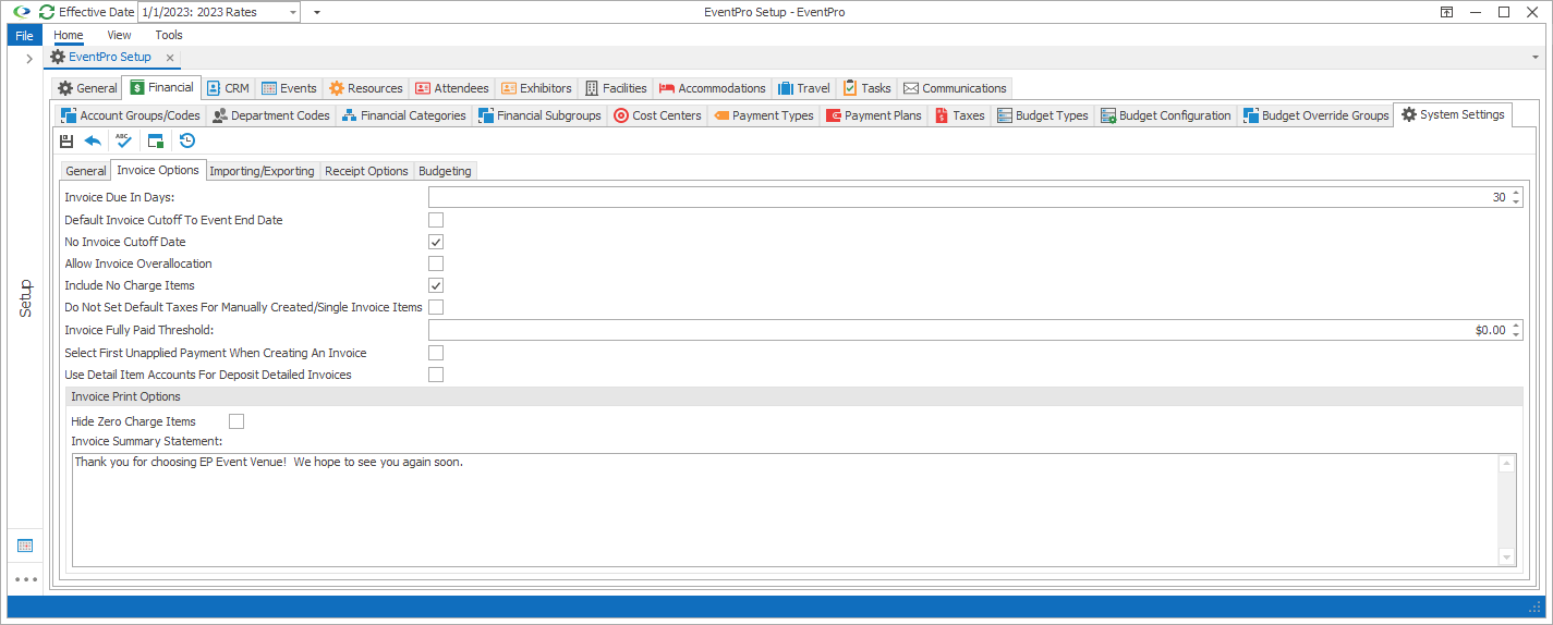 Screenshot of Invoice Options sub-tab under Setup Financial System Settings. 