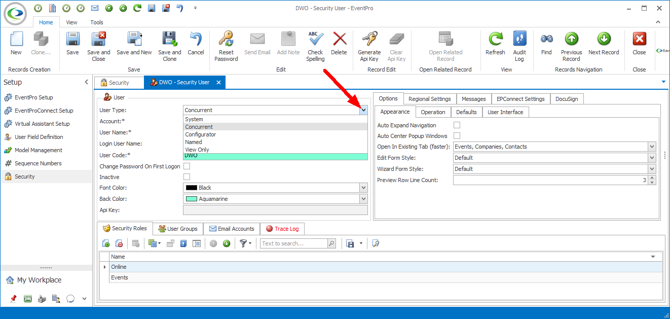 Screenshot of Security User edit form, pointing to User Type drop-down list. 