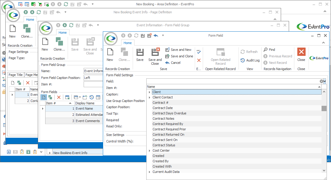 Screenshot of Form Field edit form, displaying Field selection drop-down list. 