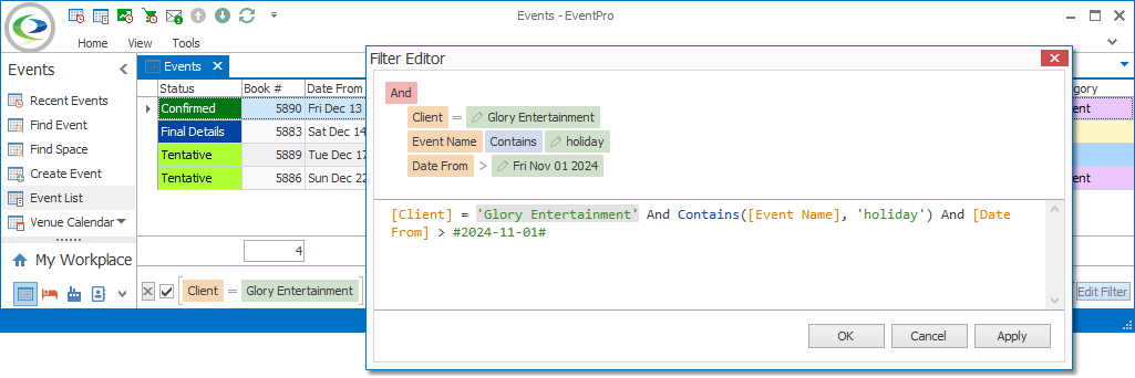 Screenshot of Filter Editor invoked with speed menu in Event List, displaying currently applied filter conditions. 
