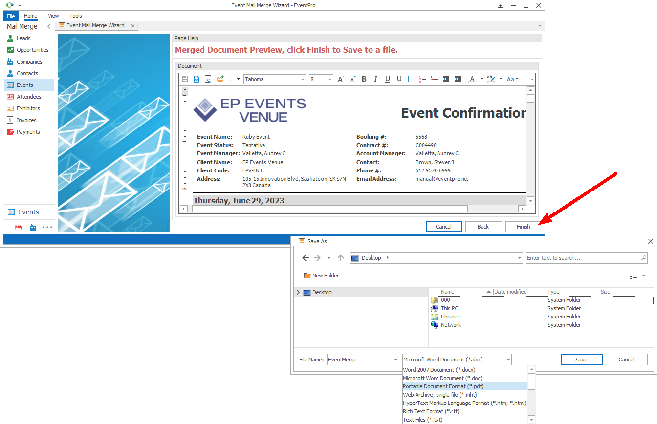 Screenshot of Mail Merge Document Preview and Save As window. 