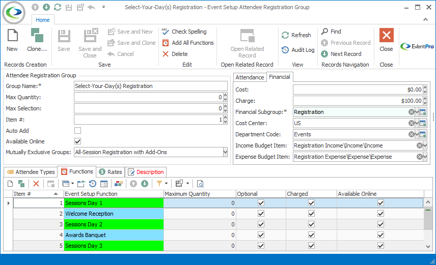 Screenshot of Financial tab in Event Setup Attendee Registration Group edit form. 