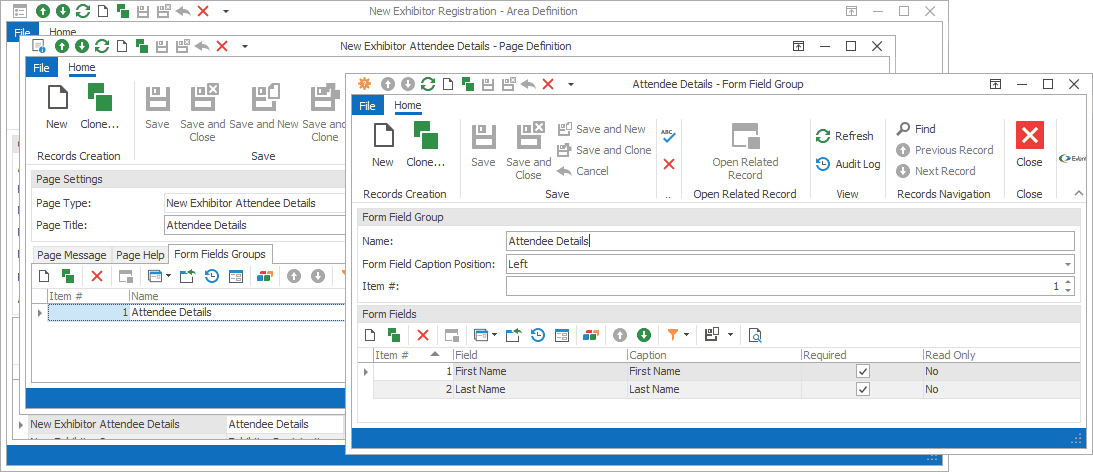 Screenshot of Form Fields Group edit form opened from Attendee Details Page Definition. 