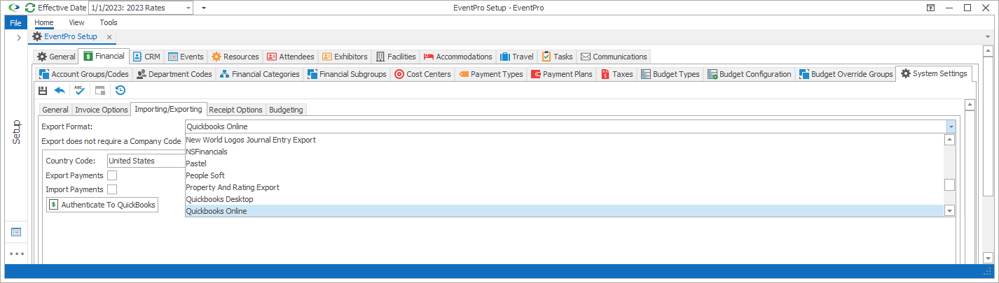 Screenshot of Importing/Exporting settings, displaying Export Format drop-down list. 