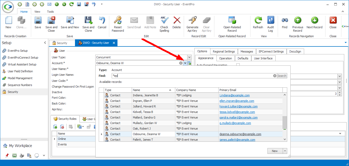 Screenshot of Security User edit form, pointing to linked Account drop-down list. 
