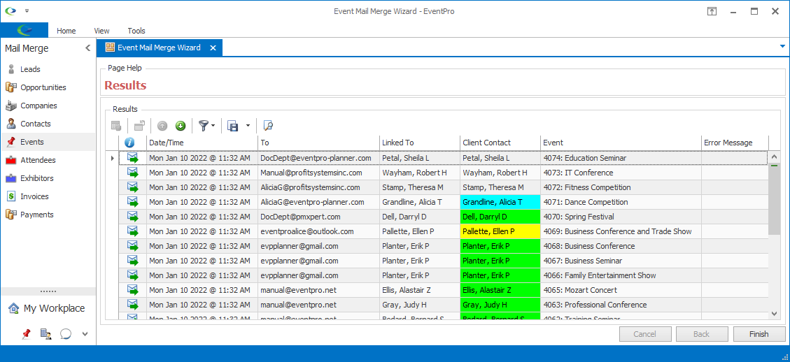 Screenshot of Results page at end of Mail Merge Wizard. 