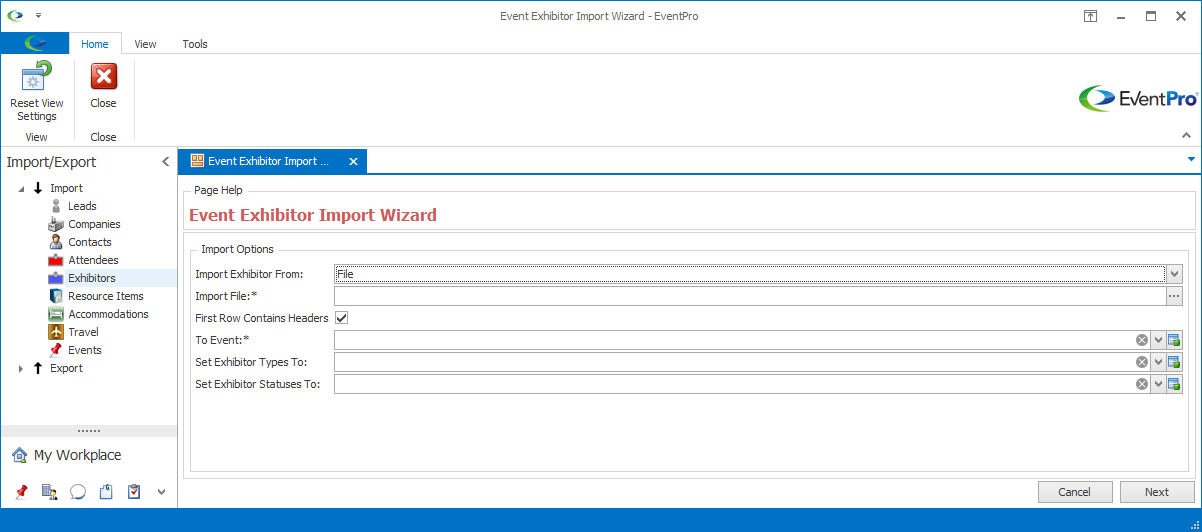 Screenshot of Event Exhibitor Import Wizard, Import Options page